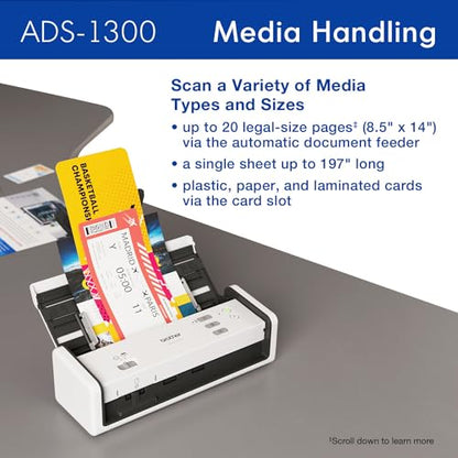 Brother 4" D x 11.3" W x 3.3" H ADS-1300 600 dpi Desktop Scanner