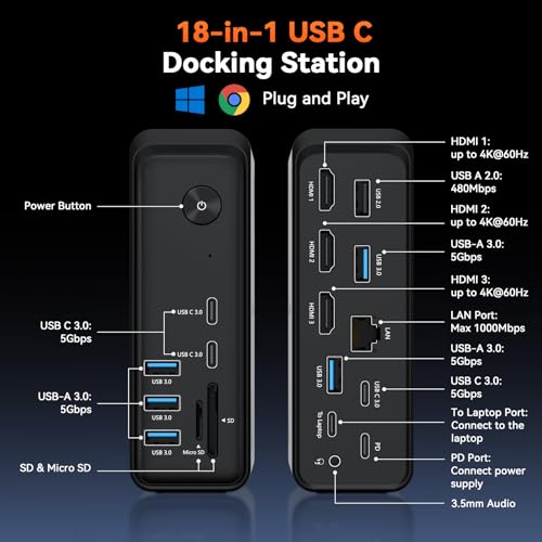 TobenONE 18-in-1 USB-C Docking Station Triple 4K@60Hz 3 HDMI 9 USB Ports Gigabit Ethernet PD3.0