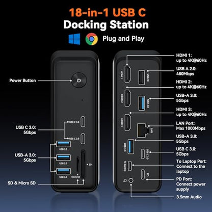 TobenONE 18-in-1 USB-C Docking Station Triple 4K@60Hz 3 HDMI 9 USB Ports Gigabit Ethernet PD3.0