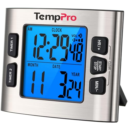 TempPro TM02 24-Hour Digital Timer 2 Countdown 1.5" LCD Display Stainless Steel Timer