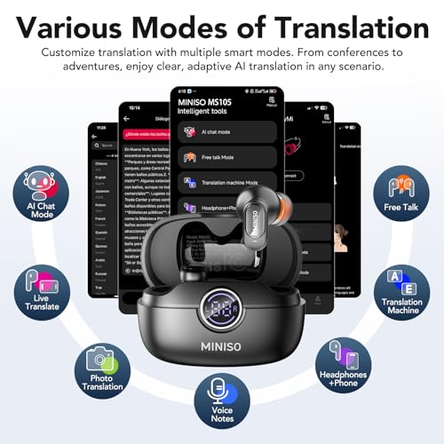 MINISO MS105 Bluetooth 6.0 AI Translation Earbuds, Real Time Language Translator, Supports 134 Languages, In-Ear Design, Compatible with iOS & Android Smart Devices
