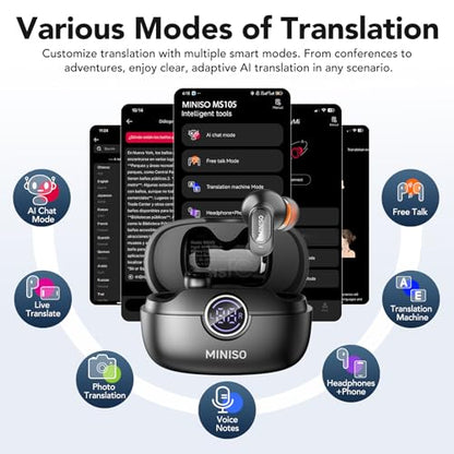 MINISO MS105 Bluetooth 6.0 AI Translation Earbuds, Real Time Language Translator, Supports 134 Languages, In-Ear Design, Compatible with iOS & Android Smart Devices