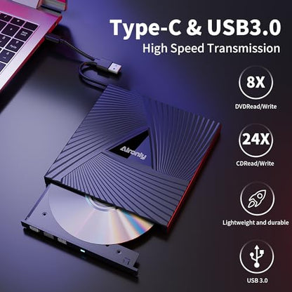 Alronly Portable External CD/DVD Drive, USB 3.0 & Type-C, 6.2" x 5.9" x 0.59", Compatible with PC and Mac
