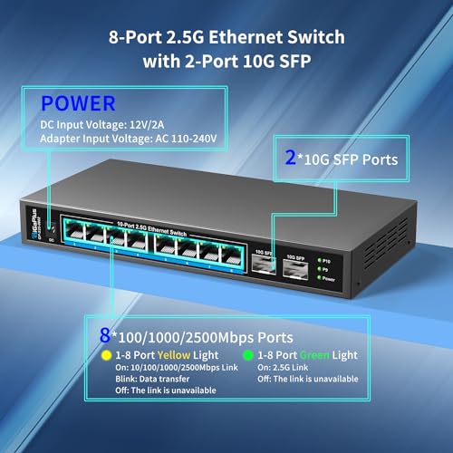 GigaPlus 10 Port Unmanaged Ethernet Switch S25-0802, 2.5Gbps, Metal Housing