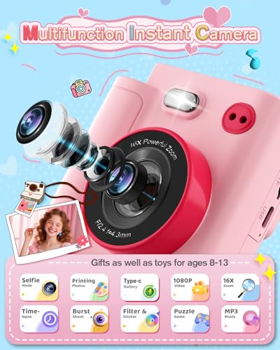 MYSTILUCK Instant Print Camera X8D 0.3MP 1080p 2" Electronic Pink