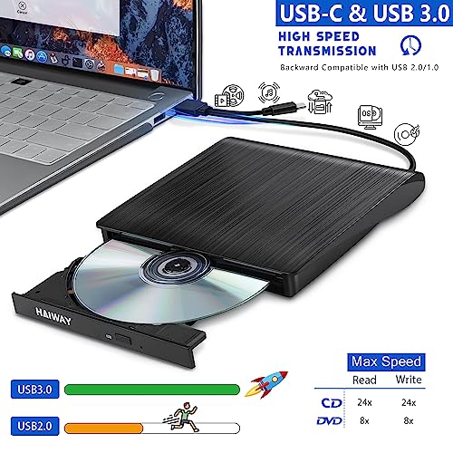 Haiway External CD/DVD Drive 8541609077 USB 3.0 Type-C Optical Burner Portable Slim