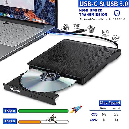Haiway External CD/DVD Drive 8541609077 USB 3.0 Type-C Optical Burner Portable Slim