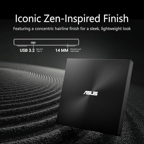 ASUS SDRW-08U3M-U/BLK/G/AS/P2G External Ultra Slim Portable DVD Writer, USB 3.2 Gen2x1 Type-C, Compatible with Windows 11, 10, 8/8.1 and macOS