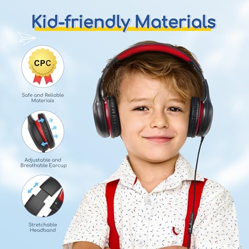 EarFun K1 Wired Kids Headphones with Microphone, 40mm Dynamic Drivers, Over-Ear Design, Black Red