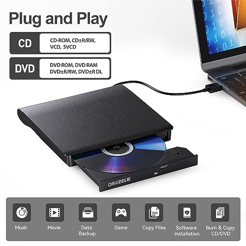 ORIGBELIE Portable External CD/DVD Drive BT524 USB 3.0 24x CD 8x DVD