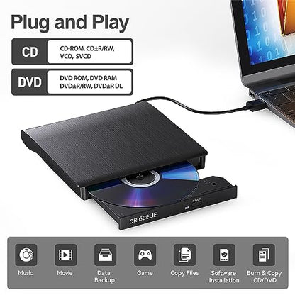 ORIGBELIE Portable External CD/DVD Drive BT524 USB 3.0 24x CD 8x DVD