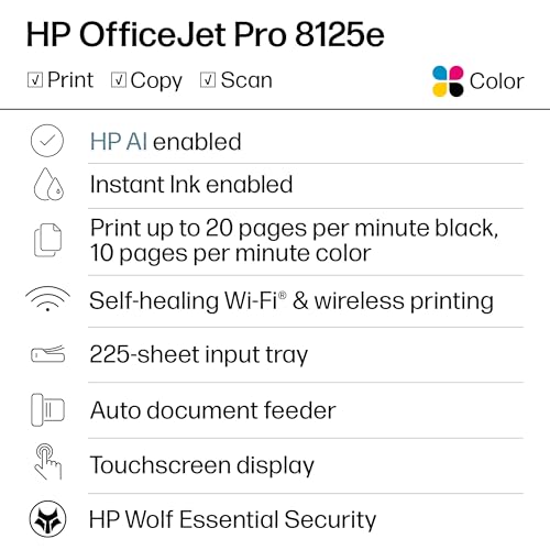 HP OfficeJet Pro 8125e Wireless All-in-One Inkjet Printer, 4800 x 1200, 12 ppm Black, 10 ppm Color, ADF