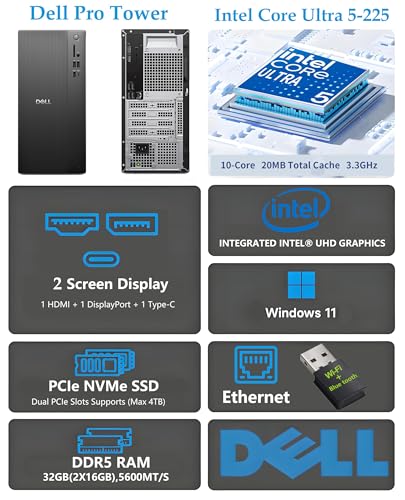 Dell ECT1250 Tower Desktop, Intel Core Ultra 5, 16GB DDR5 RAM, 512GB PCIe SSD, Windows 11 Pro