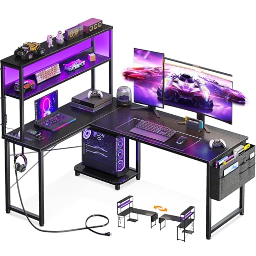 AODK 53 Inch L-Shape Computer Desk with Power Outlet and LED Light Strip, Black