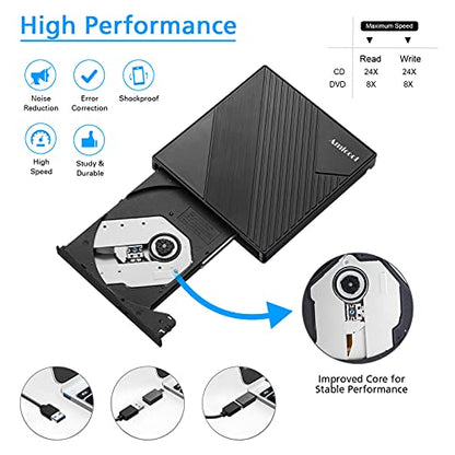 Amicool External DVD Drive Slim Portable USB 3.0 USB Type-C CD/DVD +/-RW Optical Drive Model A11
