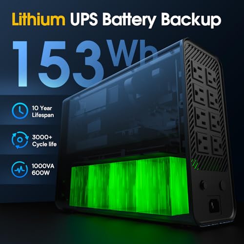 GOLDENMATE 1000VA/600W Lithium UPS Battery Backup, Pure Sine Wave System, LiFePO4 Battery with 8 NEMA Outlets, USB Communication, LCD Display, Gray