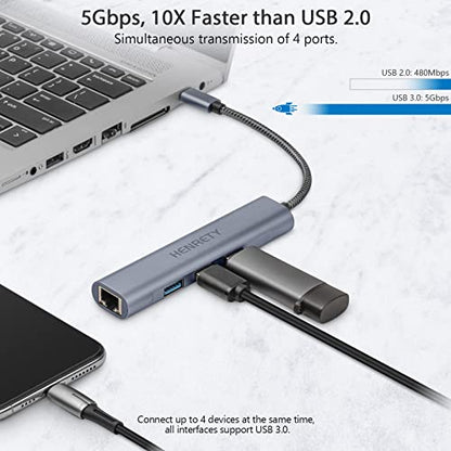 HENRETY USB C to RJ45 Hub, 4-in-1 USB 3.0, 1000 Mbps, Aluminum, Computer Networking Hubs