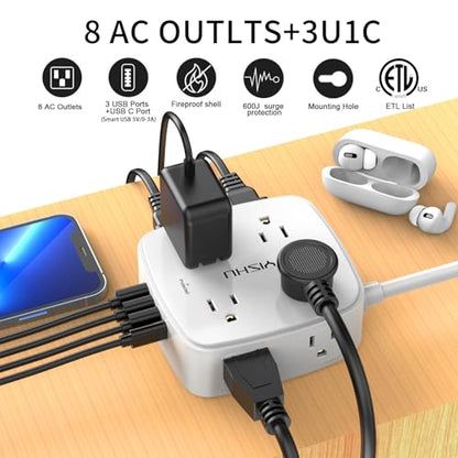 YISHU 4.33" x 4.05" AHR-803 Power Strip with 8 Outlets and 4 USB Ports, 125V, 10A