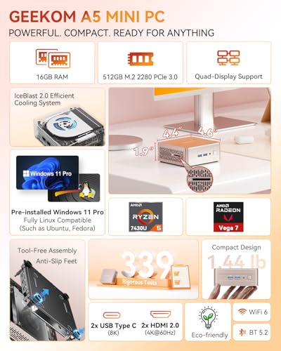 GEEKOM A5 Mini PC Ryzen 5 7430U 16GB RAM 512GB NVMe SSD 7680x4320