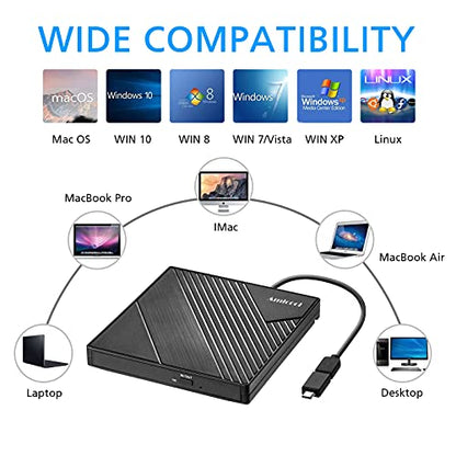 Amicool External DVD Drive Slim Portable USB 3.0 USB Type-C CD/DVD +/-RW Optical Drive Model A11