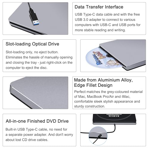 NOLYTH External DVD Drive CT20230403 USB 3.0 Type-C Aluminum Slim Portable