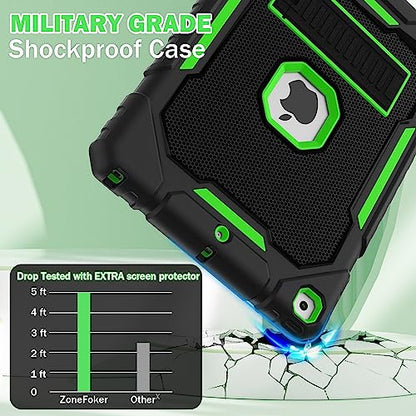ZoneFoker Case for iPad (9th Gen 2021 / 8th Gen 2020 / 7th Gen 2019) 10.2 inch, Heavy Duty Protection Case with Built-in Kickstand, Black+Green
