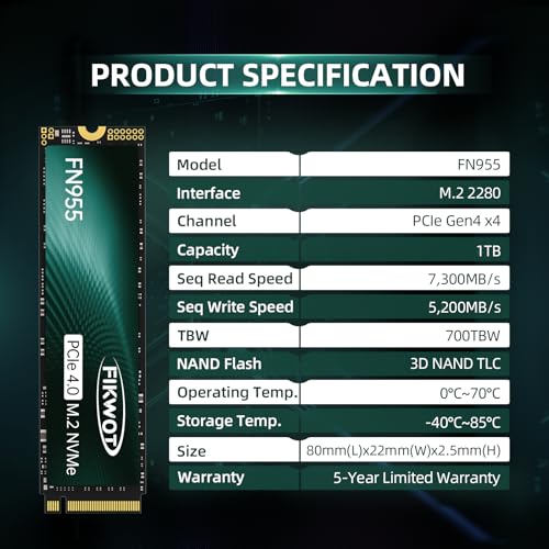 Fikwot 1TB FN955 NVMe SSD PCIe 4.0 M.2 2280 Internal Solid State Drive