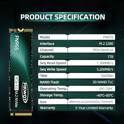 Fikwot 1TB FN955 NVMe SSD PCIe 4.0 M.2 2280 Internal Solid State Drive