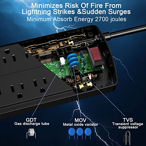 Nuetsa Power Strip HC29U56 8 Outlets 4 USB Ports 125V 13A Rectangle Black Surge Protector