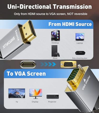 SWITCHFLUX 6 Feet HDMI to VGA Adapter Cable - 1080P@60Hz Resolution