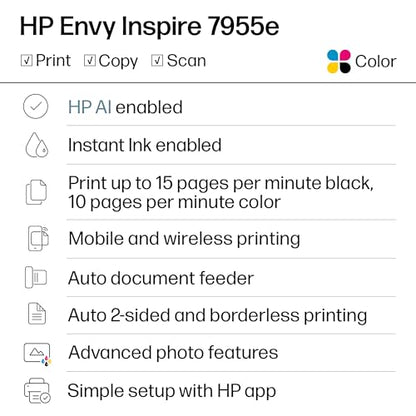 HP ENVY INSPIRE 7955e Inkjet Printer, 4800x1200 DPI, Color, Automatic Duplex