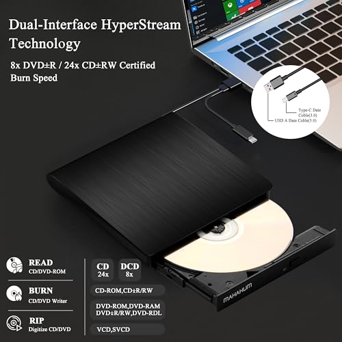 MAHAHUM External CD/DVD +/-RW Drive MAHAHUM-021 USB 3.0 5 Gbps Optical Drive