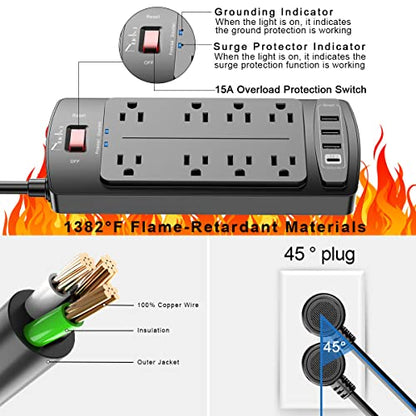 Nuetsa Power Strip HC29U56 8 Outlets 4 USB Ports 125V 13A Rectangle Black Surge Protector