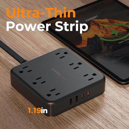 TESSAN 5Ft Power Strip with 6 AC Outlets and 3 USB Ports (2 Type-C, 1 Type-A), 125 Volts, 2100 Joules Surge Protection, Flat Plug, Model TS-PS08US00