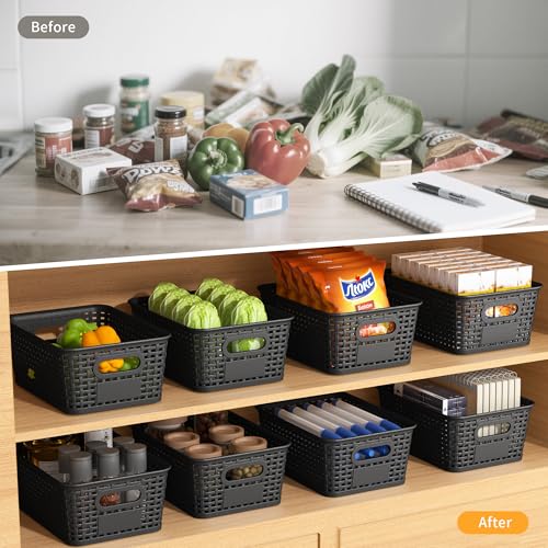 Wrrlors 8 Count Storage Bins with Lids Stackable Portable Black Plastic Baskets