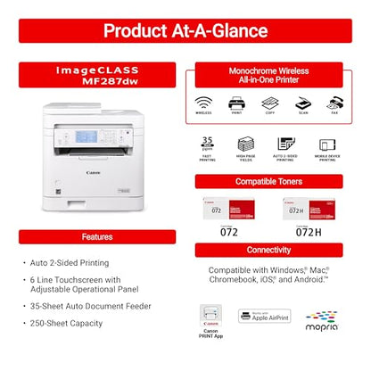 Canon imageCLASS MF287dw Monochrome Laser Printer, ADF, 600 x 600 dpi, 35 ppm, USB/Wi-Fi