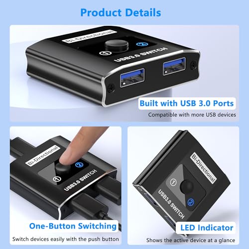 Movcle USB 3.0 Switch, Bi-Directional USB Switcher, 5 Volts, 1 Amps, Normally Closed, Push Button, 2-way, IP20, RoHS Compliant