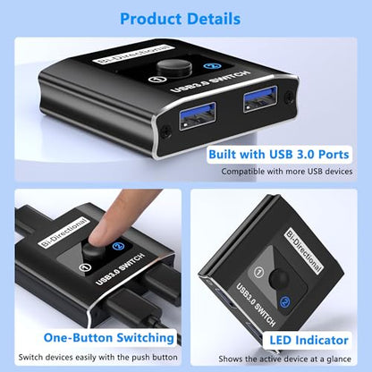 Movcle USB 3.0 Switch, Bi-Directional USB Switcher, 5 Volts, 1 Amps, Normally Closed, Push Button, 2-way, IP20, RoHS Compliant
