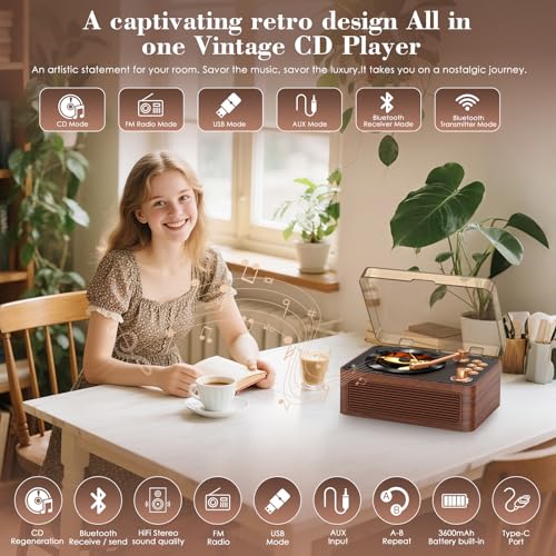 Kegaudio Portable CD Player K-Y01118 Auxiliary Dual Channel Dark Walnut