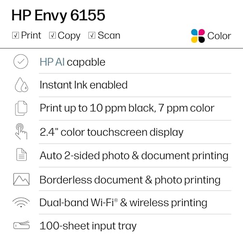 HP Envy 6155 Inkjet Printer C2WR7A Color Wireless Multifunction Printer