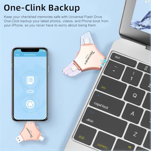 Techkey 256GB Flash Drive USB/Lightning/Type-C External Storage for iPhone, Android, PC - Pink