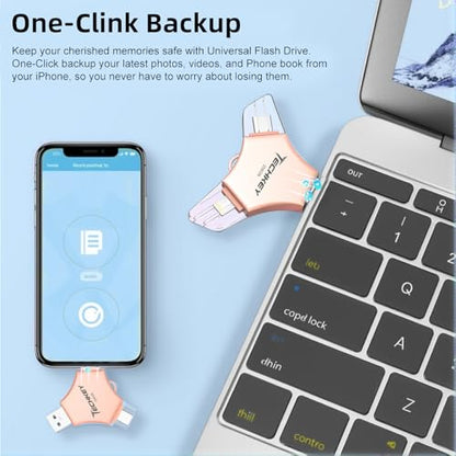 Techkey 256GB Flash Drive USB/Lightning/Type-C External Storage for iPhone, Android, PC - Pink