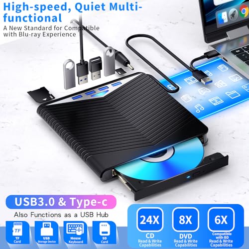 Dainty External Blu-ray Drive 7-in-1 USB 3.0 Type-C Compatible for BD/DVD/CD Read/Write Windows 7-11 Mac OS Black