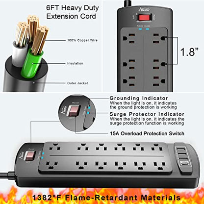 Alestor 6 Feet Power Strip PS951 12 Outlets 4 USB Ports 2700 Joules Surge Protection
