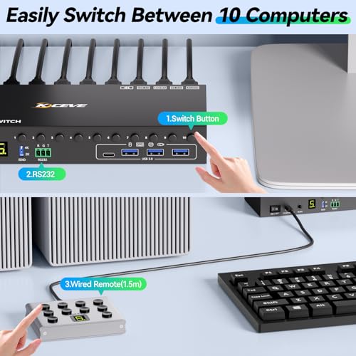 ANGEET 10 Ports KVM Switch 4K@60Hz 10-way HDMI with USB 3.0 Connectors
