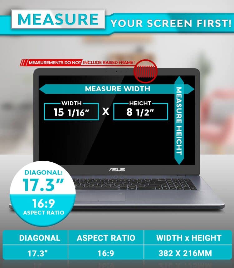 PYS 17.3" Laptop Anti-Glare Privacy Screen Filter - 16:9 Aspect Ratio - Lightweight - Easy Installation