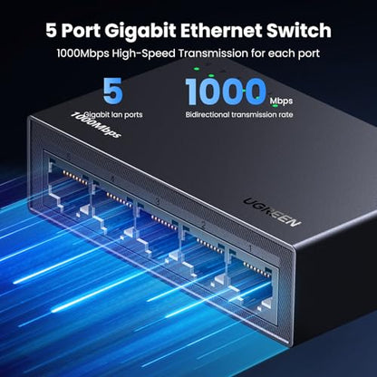 UGREEN 5 Port RJ45 Unmanaged Ethernet Switch, 1000 Mbps, Compact Network Device