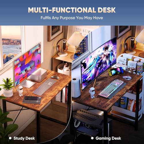 DUMOS 32 Inch DUYM-GDZ-31RT Rectangular Writing Desk, Walnut Finish, Metal Frame, Compact Design for Home Office