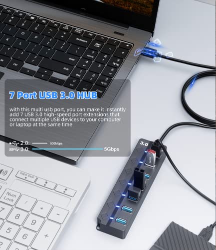 PANPEO USB 3.0 Hub 7-Port Splitter 3ft Cable for PC, PS4/5, Mobile HDD, Data Transfer Rate 5Gbps