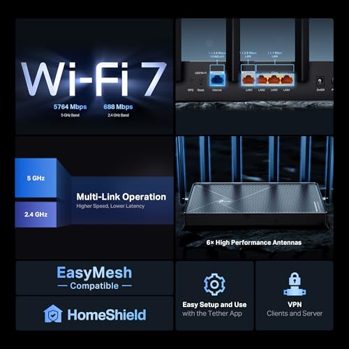 TP-Link Archer BE400 Wi-Fi 7 Router - Dual Band, 2.5 Gbps WAN/LAN, 6 Antennas, Ethernet, USB, 2400 sq. ft. Coverage